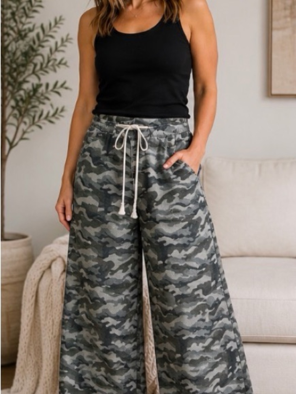 Noa Boa Camouflage Wide-Leg Drawstring Pants